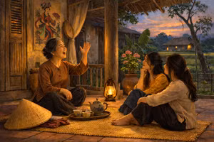 Mỗi khi cất tiếng hát, dường như mẹ trở về với tuổi mười tám, đôi mươi. Ảnh minh họa từ AI.