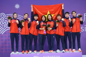 Đội cầu mây nữ 4 người giành Huy chương Vàng ASIAD 19 năm 2023 tại Trung Quốc. Ảnh: INT