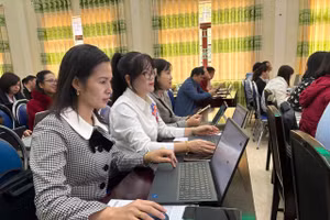 Cán bộ, giáo viên tham gia tập huấn ứng dụng trí tuệ nhân tạo thế hệ mới chăm chú tập làm quen với việc sử dụng các ứng dụng liên quan đến AI.