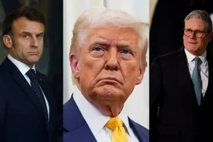 Tổng thống Mỹ Donald Trump (giữa), Tổng thống Pháp Emmanuel Macron (trái) và Thủ tướng Anh Keir Starmer. Ảnh: REUTERS