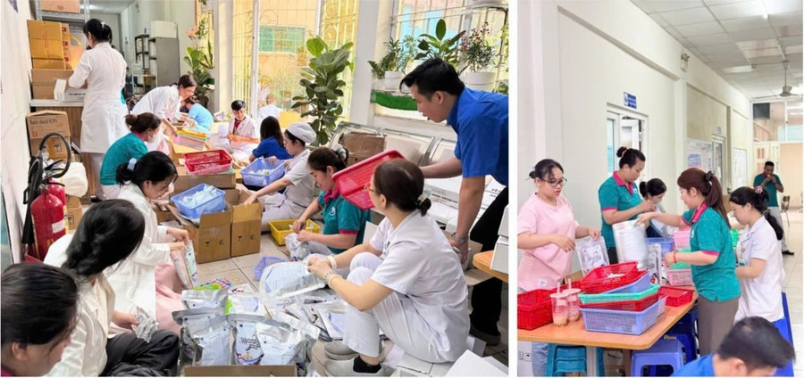 Những túi thuốc được đóng gói gửi đến người dân vùng bão lũ. 