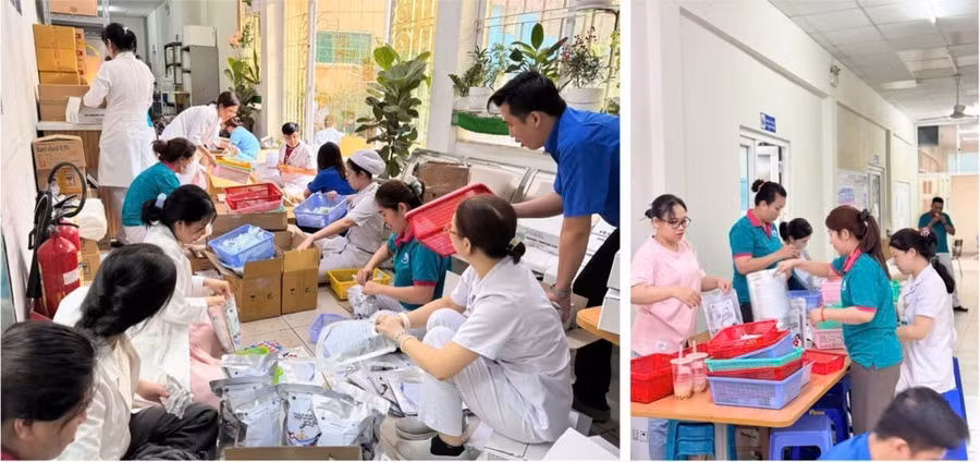 Những túi thuốc được đóng gói gửi đến người dân vùng bão lũ. 