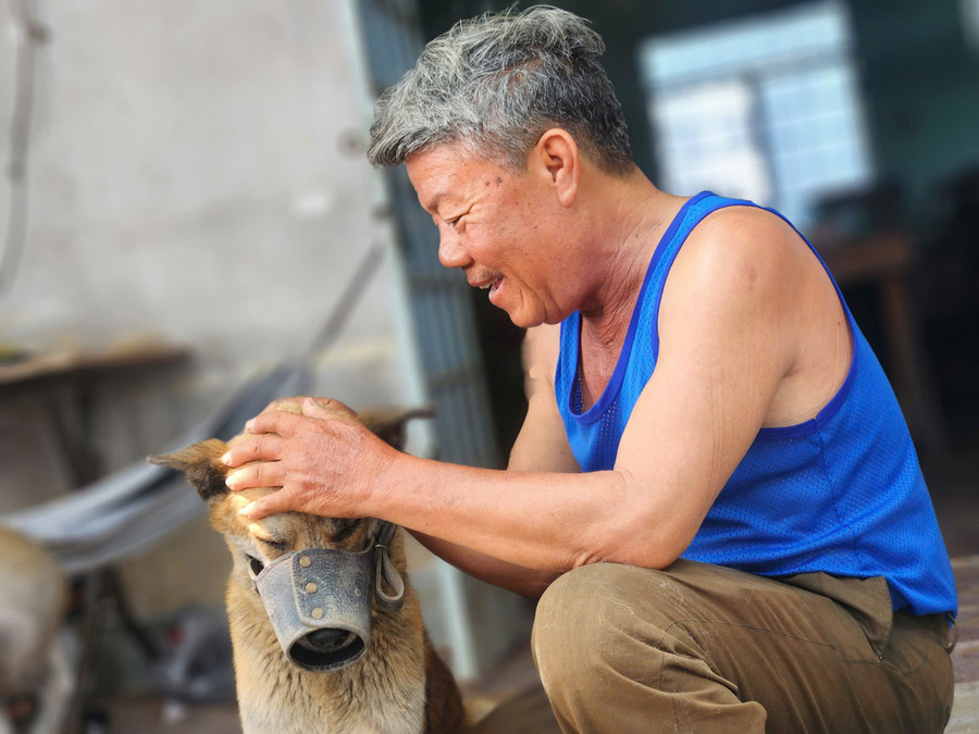 Ông Phan Văn Mạng cùng một trong 3 con chó mà gia đình nuôi. 