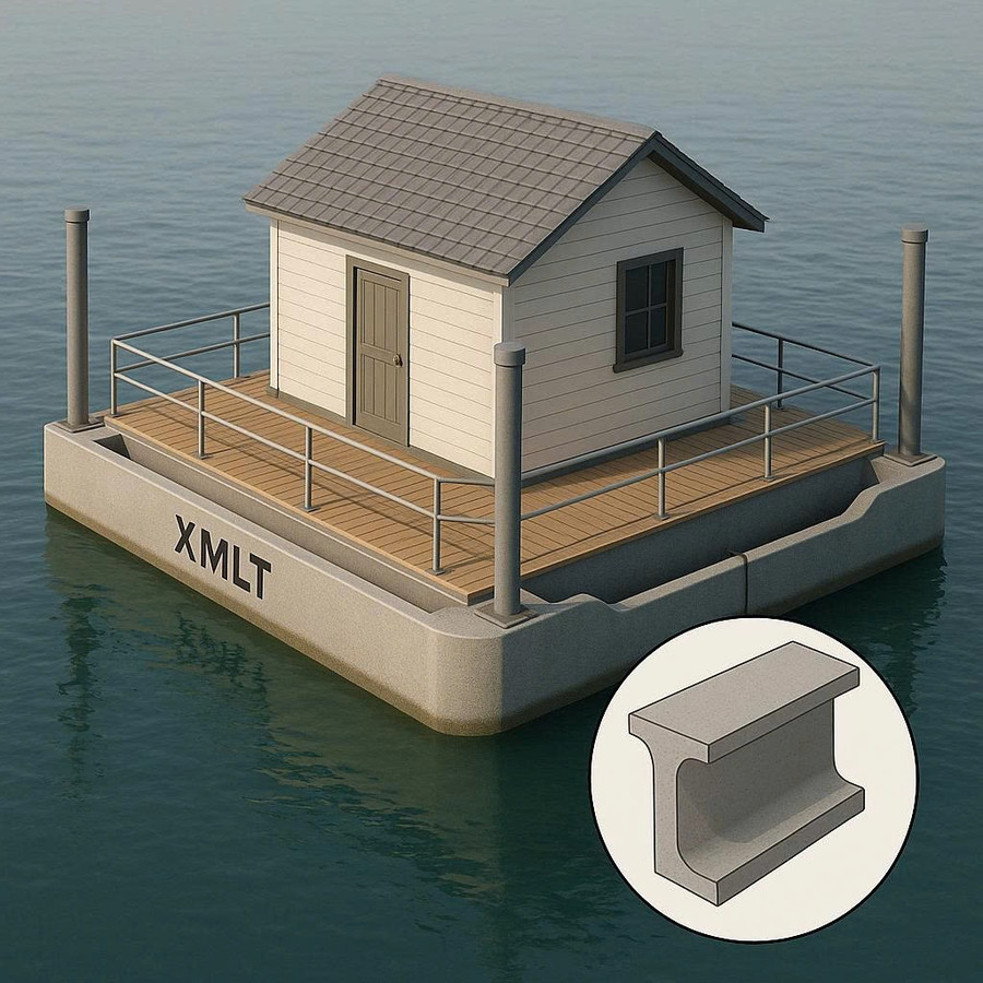 Mô phỏng phao nổi bằng xi măng lưới thép để xây nhà trên nước cho người dân vùng lũ.