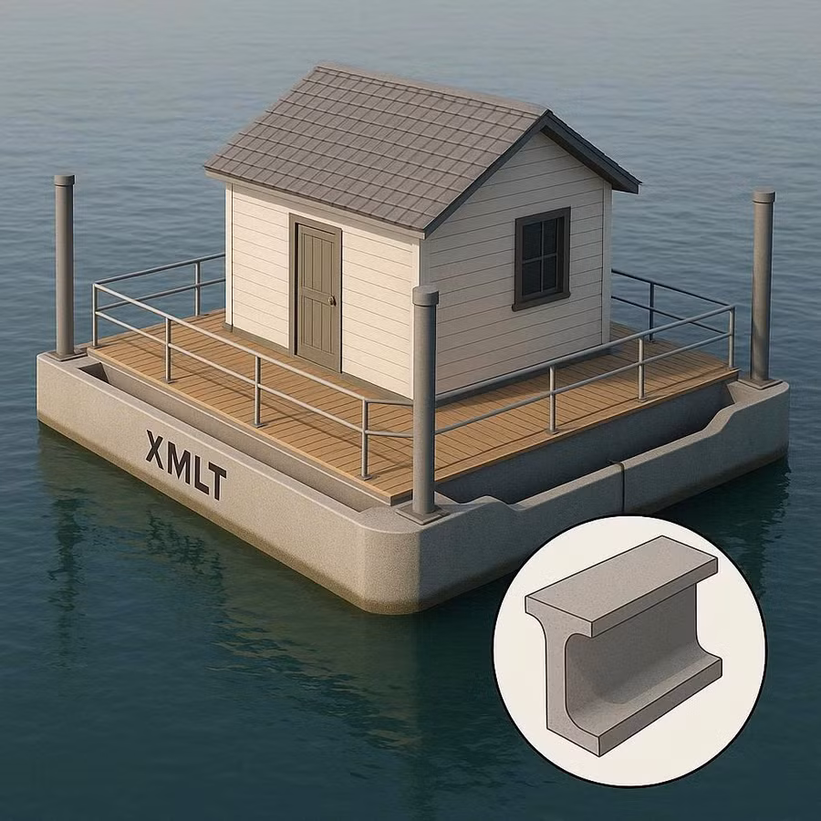 Mô phỏng phao nổi bằng xi măng lưới thép để xây nhà trên nước cho người dân vùng lũ.