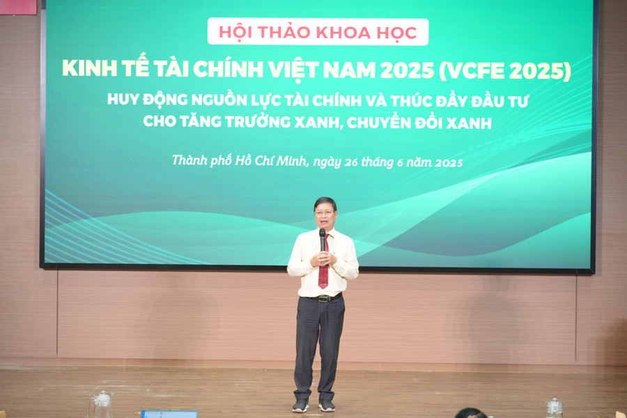 TS Trần Quý, Viện trưởng Viện Phát triển Kinh tế số Việt Nam trình bày báo cáo đề dẫn thứ 2 tại hội thảo. Ảnh: L.N tstranquy.jpg