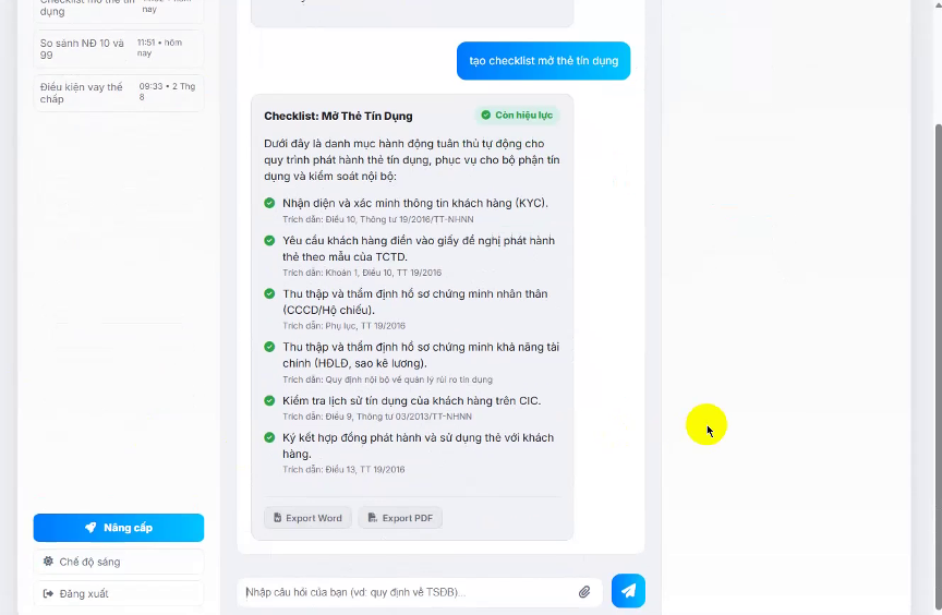 Checklist mở thẻ tín dụng - URA-xLaw tự động trích xuất căn cứ pháp lý và sắp xếp các bước tuân thủ theo quy trình nghiệp vụ. 3.png