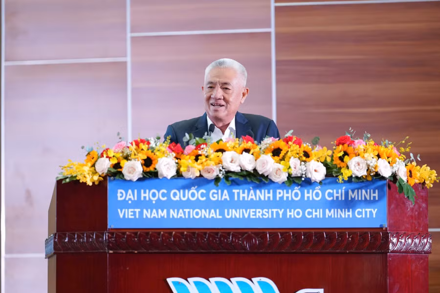 Ông Nguyễn Thanh Mỹ, Chủ tịch HĐQT Tập đoàn Mỹ Lan là diễn giả lễ khai khóa năm 2025 của Đại học Quốc gia TPHCM. Ảnh: VNUHCM