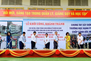 Các đại biểu thực hiện nghi thức khởi công xây dựng nhà nội trú Trường PTDTNT THPT tỉnh Lai Châu.