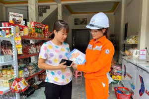 Cán bộ, công nhân viên Điện lực Tân Uyên (Lai Châu) tuyên truyền đến khách hàng các dịch vụ ngành điện.