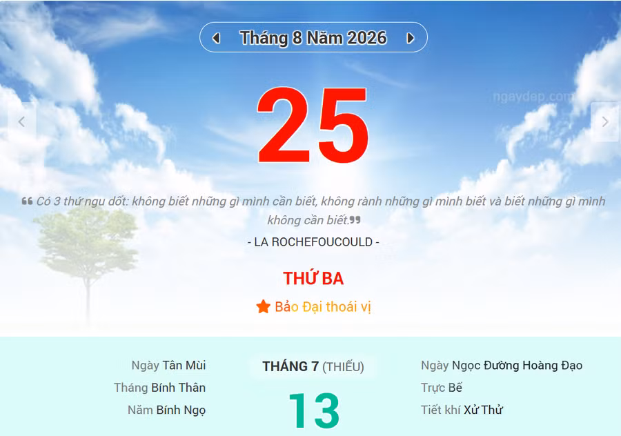 Lịch âm 25/8 - Xem lịch âm ngày 25/8