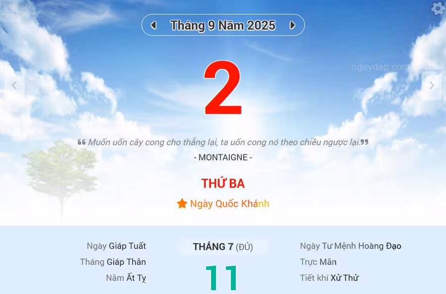 Lịch âm 2/9 - Xem lịch âm ngày 2/9