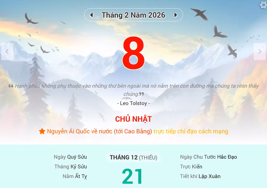 Lịch âm 8/2 - Xem lịch âm ngày 8/2/2026