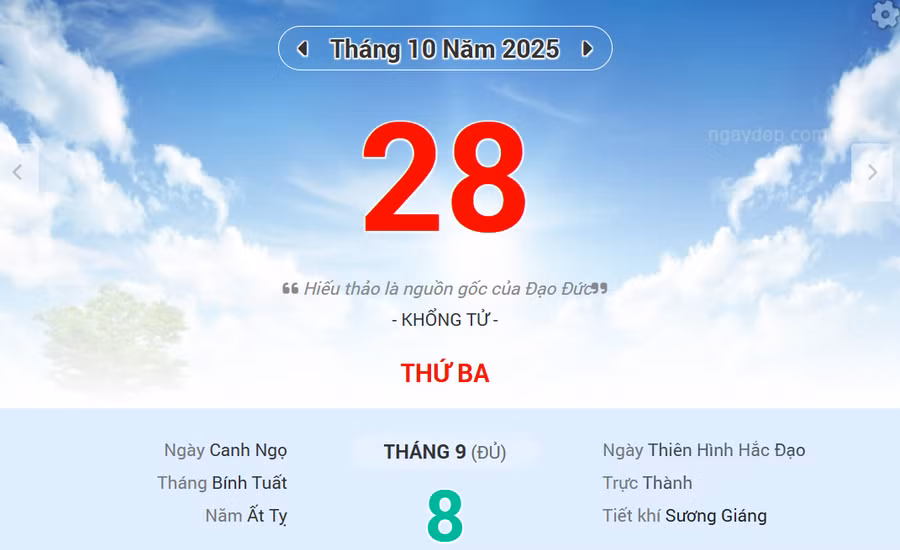 Lịch âm 28/10 - Xem lịch âm ngày 28/10