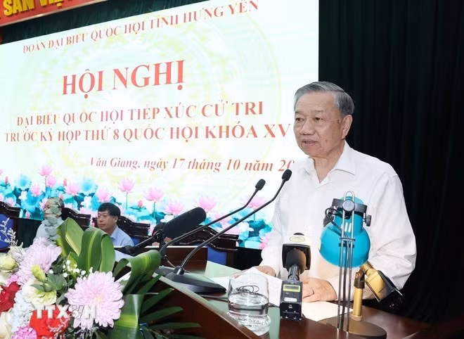 Tổng Bí thư, Chủ tịch nước Tô Lâm phát biểu tại Hội nghị Đại biểu Quốc hội tiếp xúc cử tri trước Kỳ họp thứ 8, Quốc hội khóa XV. (Ảnh: Trí Dũng/TTXVN).