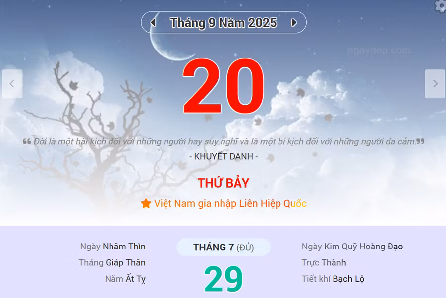 Lịch âm 20/9 - Xem lịch âm ngày 20/9