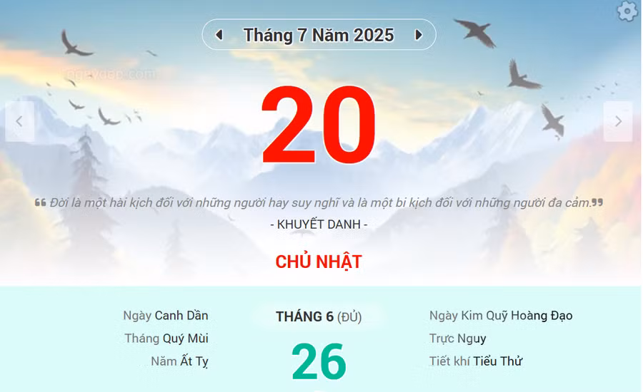 Lịch âm 20/7 - Xem lịch âm ngày 20/7