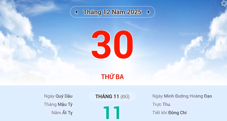 Lịch âm 30/12 - Xem lịch âm ngày 30/12