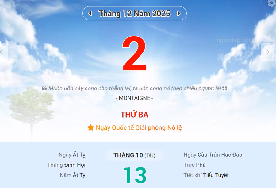 Lịch âm 2/12 - Xem lịch âm ngày 2/12