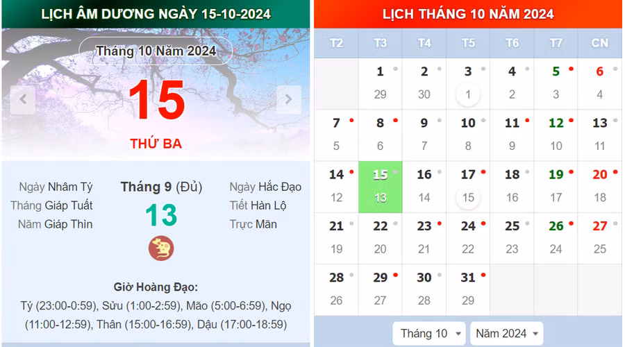 Lịch âm 15/10 - Xem lịch âm ngày 15/10