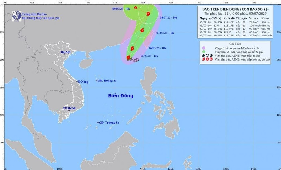Bản đồ dự báo quỹ đạo và cường độ bão số 2 trên biển Đông. (Nguồn: Trung tâm Dự báo Khí tượng Thủy văn Quốc gia) bao-so-2.jpg
