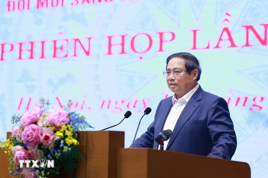 Thủ tướng Phạm Minh Chính phát biểu khai mạc Phiên họp thứ hai của Ban Chỉ đạo về phát triển khoa học, công nghệ, đổi mới sáng tạo, chuyển đổi số và Đề án 06. (Ảnh: Dương Giang/TTXVN). fb684cd6-ff84-4972-a79b-9e2d642860a9.jpg