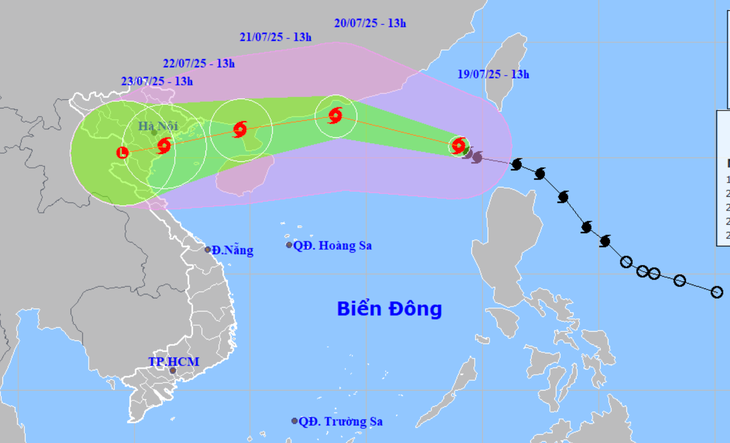 Dự báo vị trí và hướng di chuyển bão số 3 chiều 19/7. (Ảnh: NCHMF)
