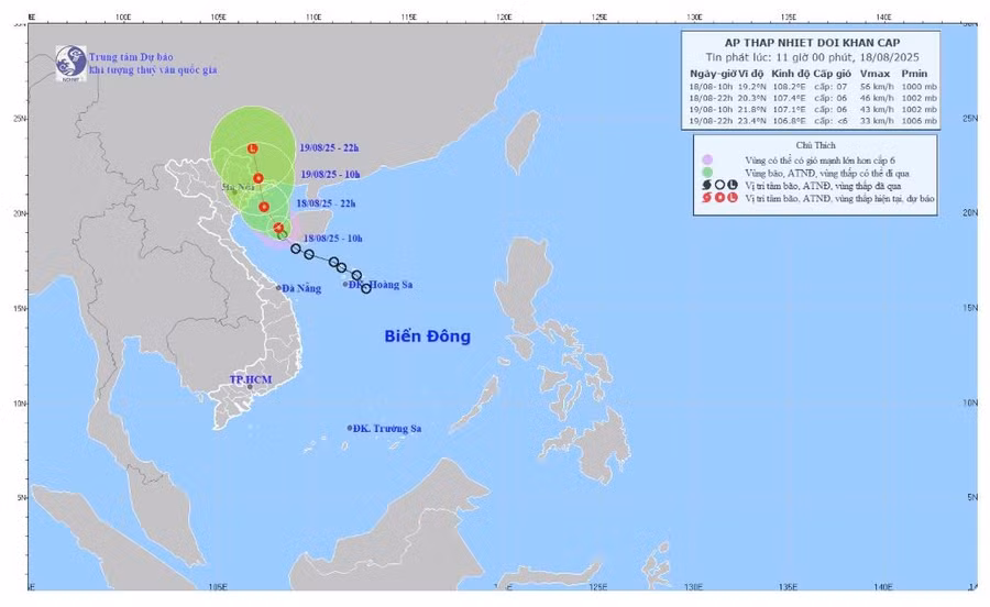 Dự báo hướng đi của áp thấp nhiệt đới trên Biển Đông.