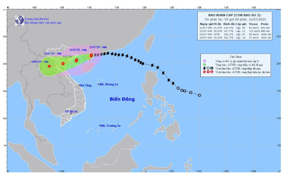 Dự báo hướng đi của bão số 3. (Ảnh: Trung tâm Dự báo Khí tượng Thủy văn Quốc gia)