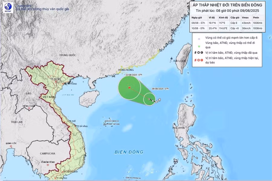 Dự báo vị trí và hướng đi của áp thấp nhiệt đới trên Biển Đông.