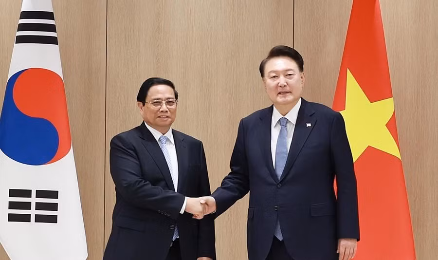 Thủ tướng Phạm Minh Chính hội kiến Tổng thống Hàn Quốc Yoon Suk Yeol tại Thủ đô Seoul, chiều 2/7/2024. (Ảnh: Dương Giang/TTXVN)