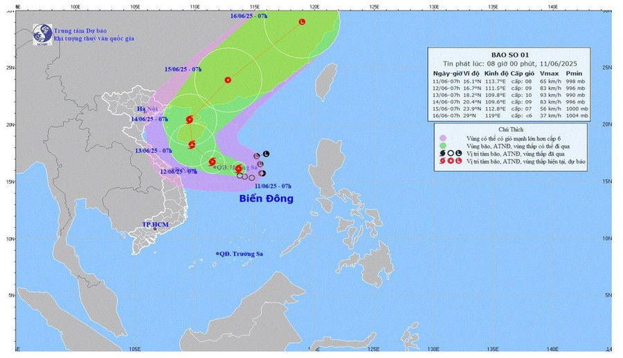 Dự báo quỹ đạo và cường độ Bão số 1. (Ảnh: Trung tâm Dự báo khí tượng thủy văn quốc gia).