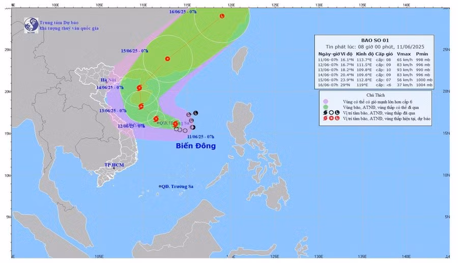 Dự báo quỹ đạo và cường độ Bão số 1. (Ảnh: Trung tâm Dự báo khí tượng thủy văn quốc gia).