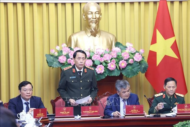 Thượng tướng Lê Quốc Hùng, Thứ trưởng Bộ Công an phát biểu. Ảnh: An Đăng - TTXVN