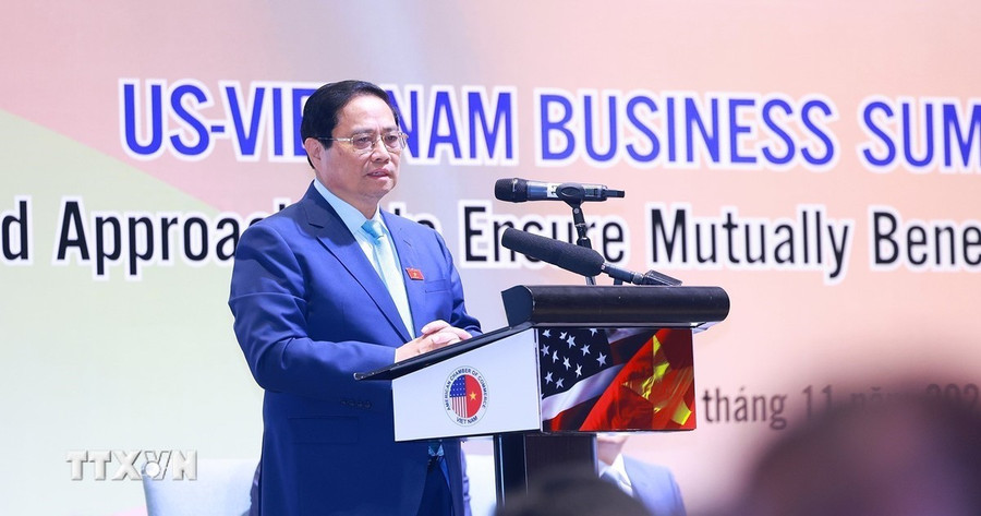 Thủ tướng Phạm Minh Chính phát biểu tại hội nghị. (Ảnh: Dương Giang/TTXVN)