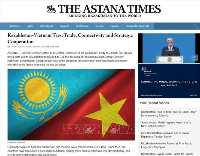 Trang astanatimes.com đăng bài tổng quan phân tích triển vọng hợp tác, đồng thời nêu bật các yếu tố gắn kết Việt Nam - Kazakhstan. Ảnh: TTXVN phát Trang astanatimes.com đăng bài tổng quan phân tích triển vọng hợp tác, đồng thời nêu bật các yếu tố gắn kết Việt Nam - Kazakhstan. Ảnh: TTXVN phát