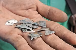 Đinh hình tam giác làm bằng inox nên xe hút đinh không phát huy tác dụng. Ảnh: Phúc Uyên.