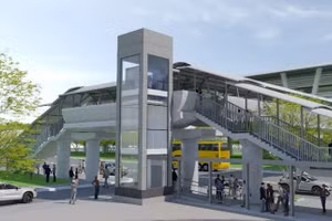 Thiết kế vị trí lắp thang máy tại cầu vượt bộ hành ga Tân Cảng. Ảnh: MAUR.