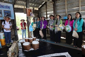Khách du lịch tham quan và tìm hiểu mô hình làm muối tại ấp đảo Thiềng Liềng. Ảnh: Phúc Uyên.