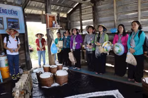 Khách du lịch tham quan và tìm hiểu mô hình làm muối tại ấp đảo Thiềng Liềng. Ảnh: Phúc Uyên.