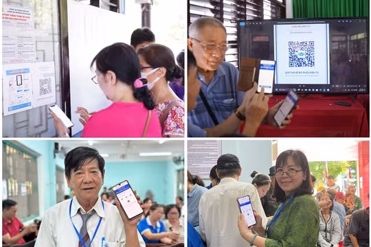 Cử tri phường Thuận Hóa, TP Huế bỏ phiếu bằng hình thức quét mã QR qua Smartphone nhanh chóng, thuận tiện.