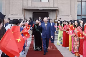 Tổng Bí thư, Chủ tịch nước Tô Lâm và Phu nhân gặp gỡ cán bộ nhân viên đại sứ quán và đại diện cộng đồng người Việt Nam tại Trung Quốc. Ảnh: Thống Nhất/TTXVN