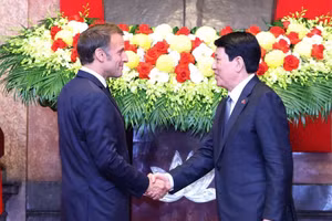 Chủ tịch nước Lương Cường và Tổng thống Pháp Emmanuel Macron tại buổi gặp gỡ báo chí. Ảnh: Lâm Khánh/TTXVN.