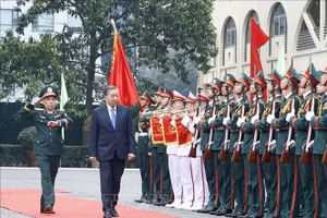 Lễ đón Tổng Bí thư Tô Lâm đến thăm và làm việc với Học viện Kỹ thuật quân sự. Ảnh: Thống Nhất/TTXVN