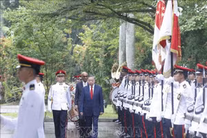 Tổng Bí thư, Chủ tịch nước Tô Lâm và Tổng thống Singapore Tharman Shanmugaratnam duyệt Đội danh dự. Ảnh: Thống Nhất/TTXVN