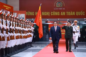 Thủ tướng Phạm Minh Chính đến dự Hội nghị Công an toàn quốc lần thứ 81. Ảnh: Dương Giang/TTXVN