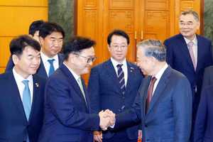 Tổng Bí thư Tô Lâm tiếp Chủ tịch Quốc hội Đại Hàn Dân Quốc Woo Won Shik. (Ảnh: Thống Nhất/TTXVN)