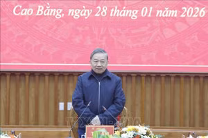 Tổng Bí thư Tô Lâm phát biểu tại buổi làm việc với Ban Chấp hành Đảng bộ tỉnh Cao Bằng. Ảnh: Thống Nhất/TTXVN