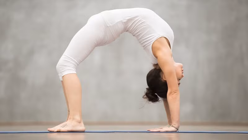 Tư thế bánh xe sẽ giúp bạn kéo căng ngực, cột sống và cổ, giảm mệt mỏi và chữa đau đầu. Tư thế tập luyện khiến vòng một của chị em siêu đẹp