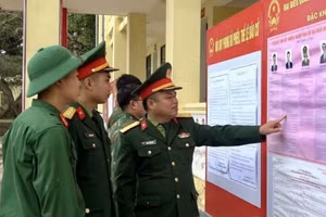 Cán bộ, chiến sĩ Tiểu đoàn phòng thủ đảo Bạch Long Vĩ đang xem tiểu sử tóm tắt những người ứng cử đại biểu Quốc hội khóa XVI. (Ảnh: CTV)